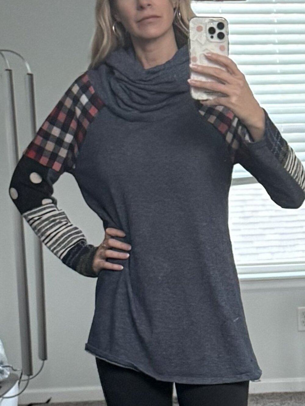 Navy Red Plaid Sleeve Cowl Neck Tunic